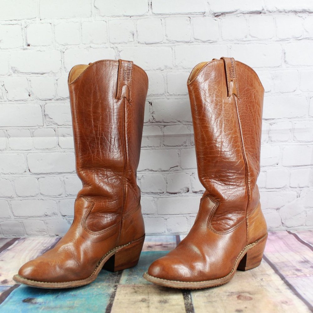 Vintage Bort Carleton Brown Distressed Leather Riding Heeled Boots Size 6.5 M - Picture 2 of 9